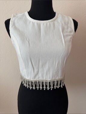 NWT ALTAR’D STATE White Women's Sleeveless Crop Top with Beaded Fringe SIZE SMAL